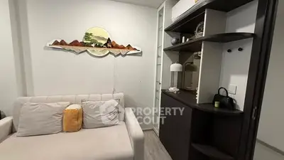 Cozy living room with modern decor and stylish shelving unit