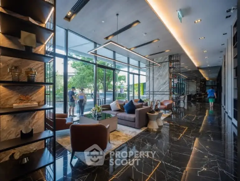 Luxurious modern living room with elegant decor and floor-to-ceiling windows