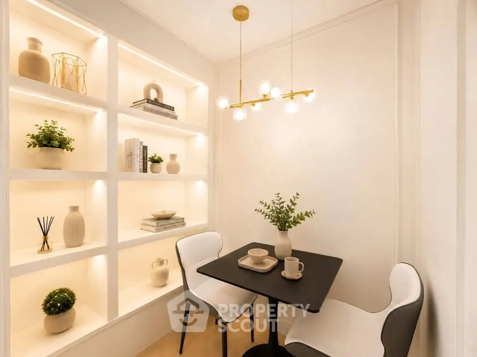 Cozy dining nook with elegant shelving and modern lighting