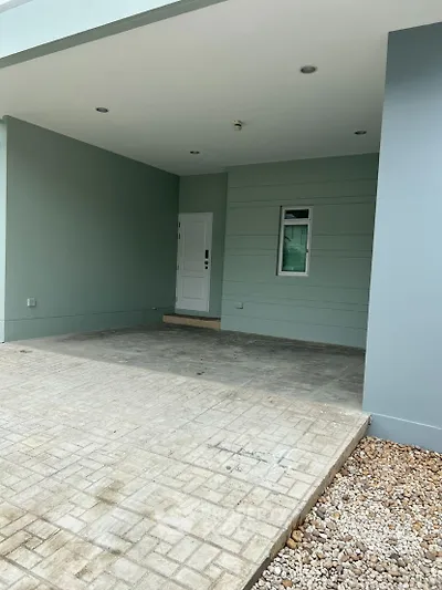 Modern house entrance with minimalist design and paved driveway