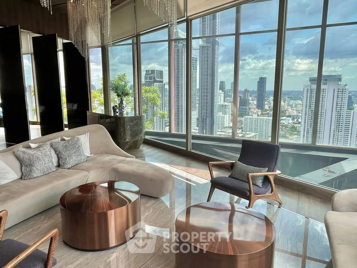 Luxurious living room with panoramic city views and modern furniture