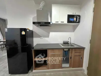 Modern compact kitchen with sleek appliances and stylish cabinetry