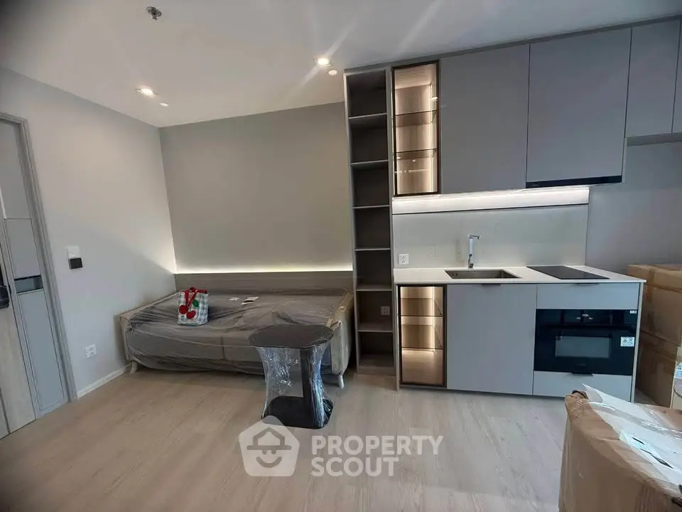 Modern studio apartment with sleek kitchen and cozy living area