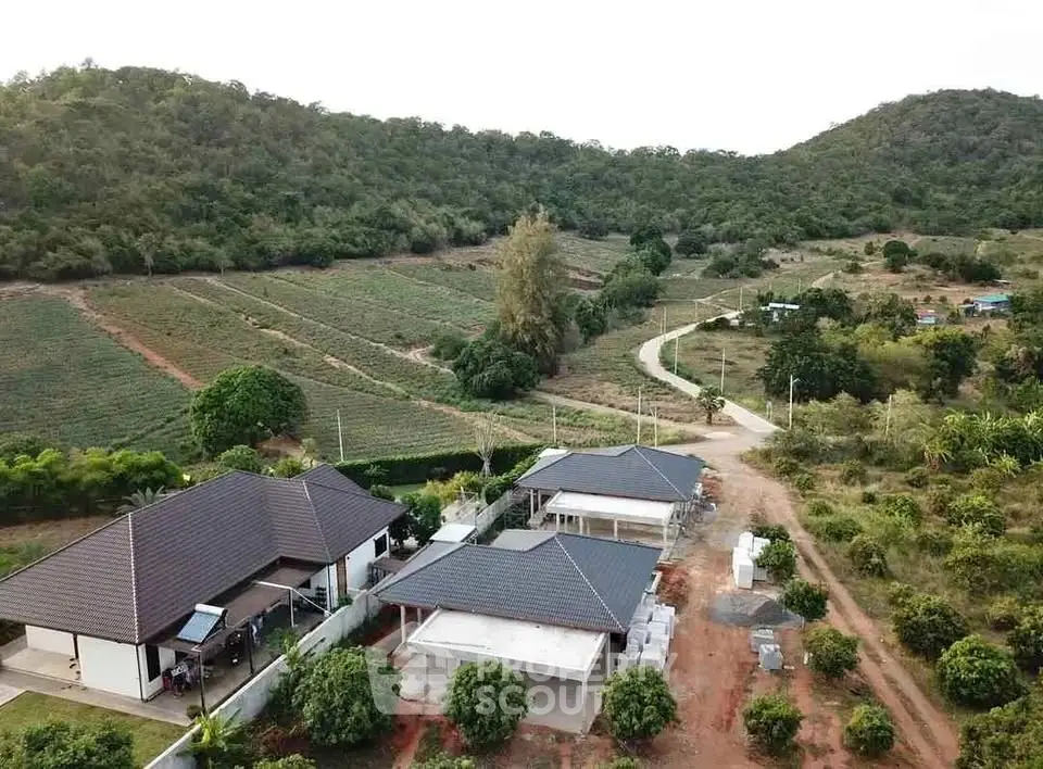 Scenic aerial view of countryside property with modern houses and lush greenery.