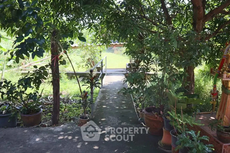 Charming garden entrance with lush greenery and pathway leading to open space.