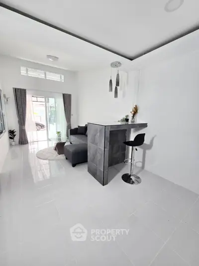Modern living room with sleek bar counter and stylish decor
