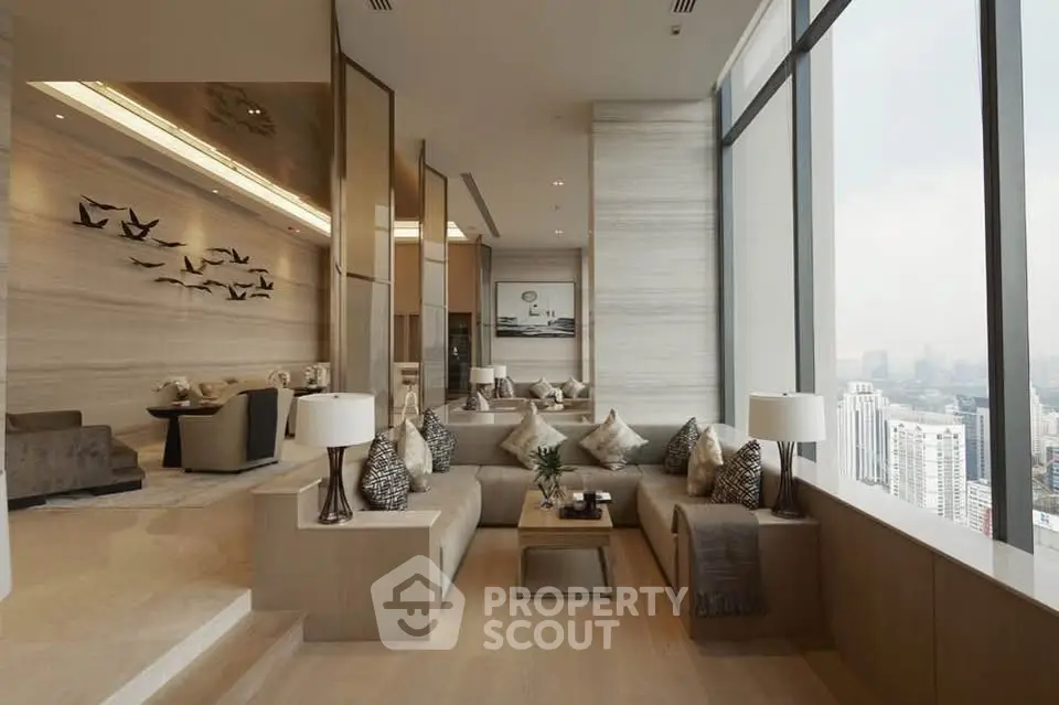Luxurious modern living room with panoramic city view and elegant decor