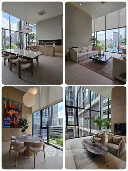 Luxurious modern living room with floor-to-ceiling windows and stunning city views, featuring elegant furniture and decor.