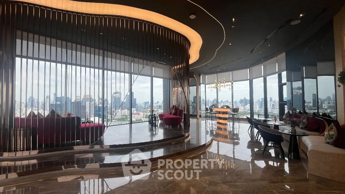 Luxurious high-rise living room with panoramic city views and elegant modern design.