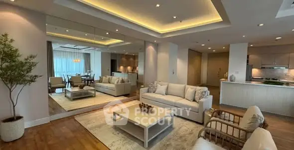 Luxurious modern living room with elegant lighting and spacious design