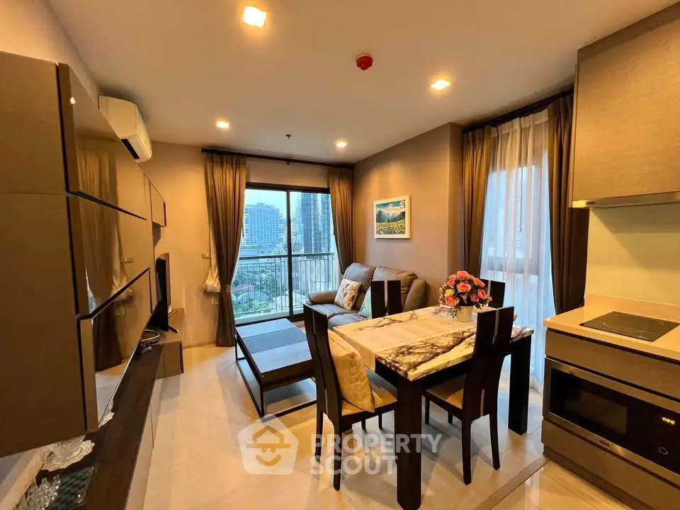 Modern living room with open kitchen and city view balcony in luxury apartment