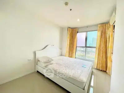 Bright and airy bedroom with large window and city view, featuring a comfortable bed and elegant curtains.