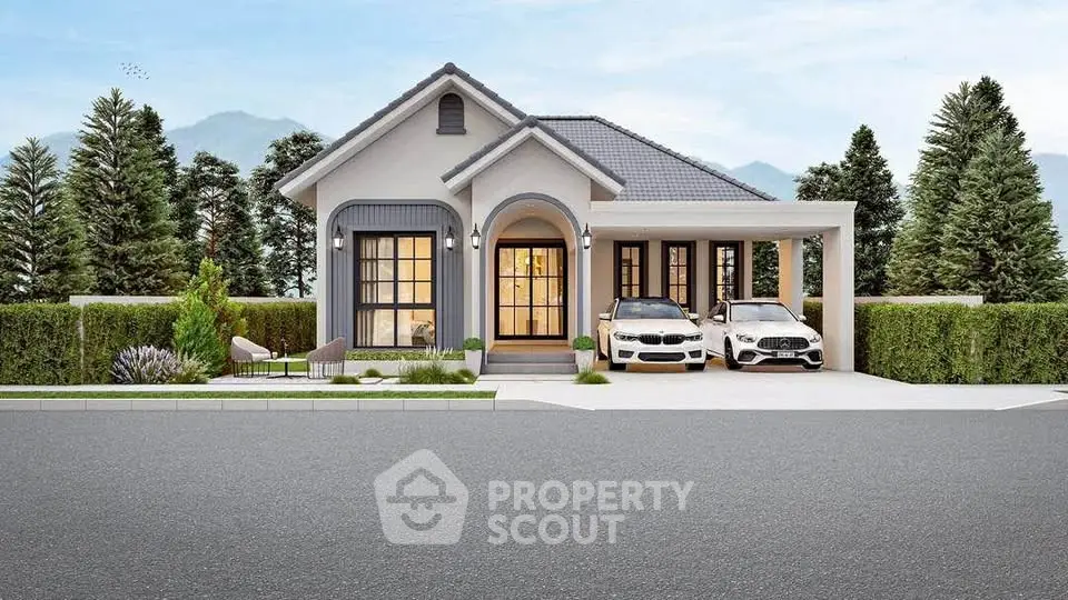 Charming single-story home with modern design, lush landscaping, and spacious driveway in serene neighborhood.