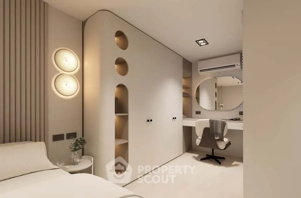 Modern bedroom with stylish built-in storage and elegant lighting