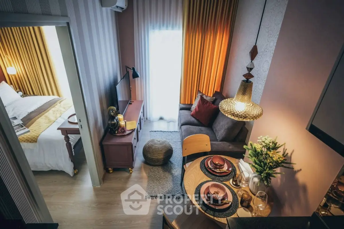 Chic modern apartment interior with cozy living room and stylish dining area, perfect for urban living.