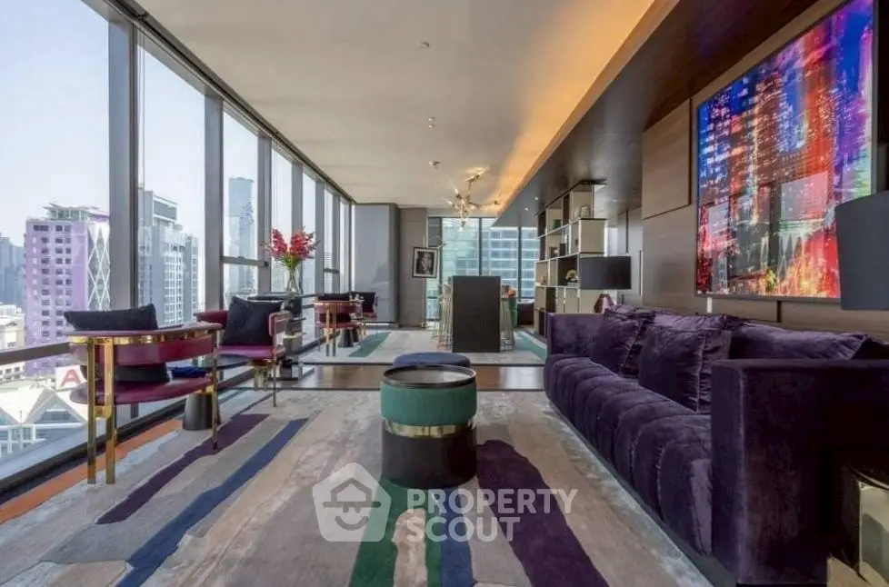 Luxurious modern living room with city view and elegant decor