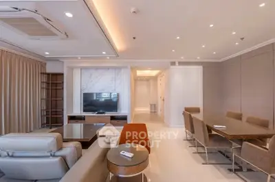 Luxurious modern living room with elegant dining area and stylish furniture