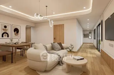 Spacious modern living room with elegant lighting and cozy seating area, perfect for relaxation and entertainment.