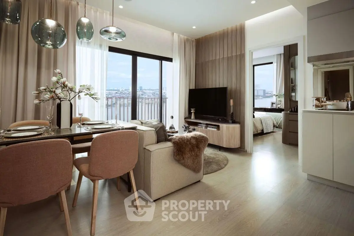 Luxurious open-plan living room with dining area and city view, featuring modern decor and elegant furnishings.