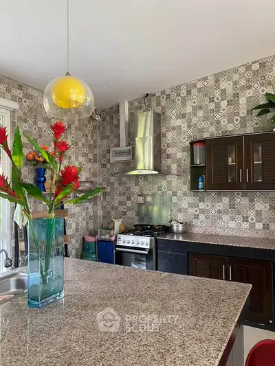 Modern kitchen with stylish backsplash and granite countertops, featuring a gas stove and elegant lighting.