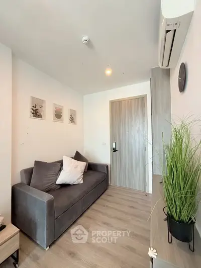 Modern living room with sleek gray sofa and stylish decor in a cozy apartment.