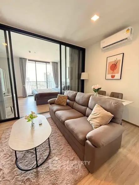 Modern living room with cozy sofa and stylish decor in a bright apartment