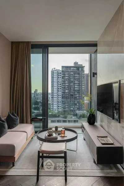 Modern living room with city view, stylish furniture, and floor-to-ceiling windows.