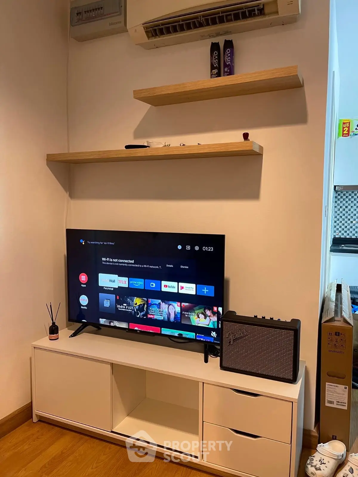Modern living room with TV, air conditioning, and stylish shelving in a cozy apartment setting.
