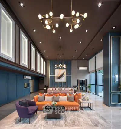 Luxurious modern living room with high ceilings and elegant lighting