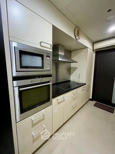 Modern kitchen with built-in appliances and sleek cabinetry