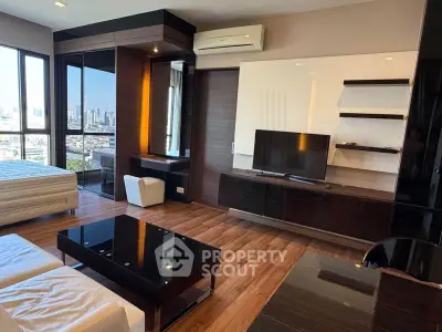 Luxurious modern living room with city view, sleek furniture, and elegant wooden flooring.