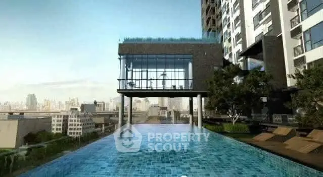 Luxurious rooftop infinity pool with stunning cityscape views in modern high-rise building.