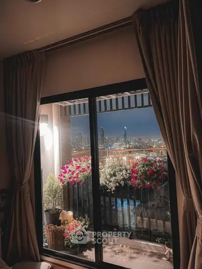 Charming balcony with city skyline view and vibrant flowers, perfect for urban living.