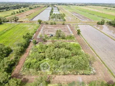 Expansive agricultural land with lush greenery and water features, ideal for farming or development.