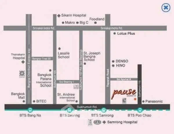 Map showing schools, hospitals, and shopping centers near Sukhumvit Road.