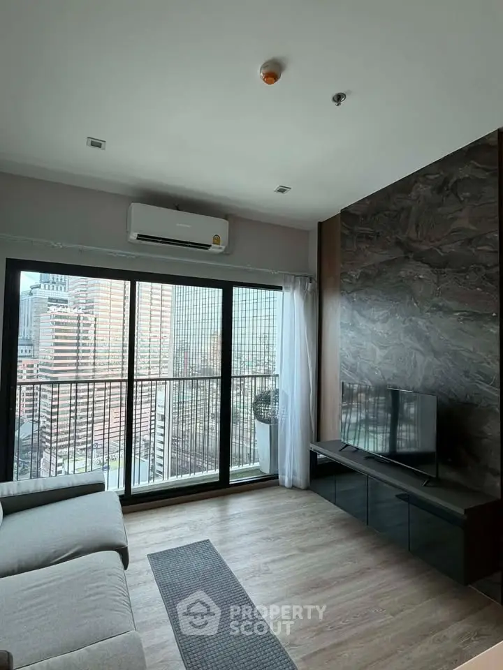 Modern living room with city view and stylish decor