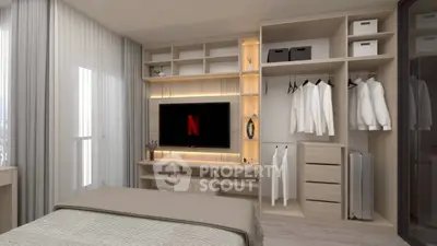 Modern bedroom with built-in wardrobe and TV, featuring sleek design and ample storage space.