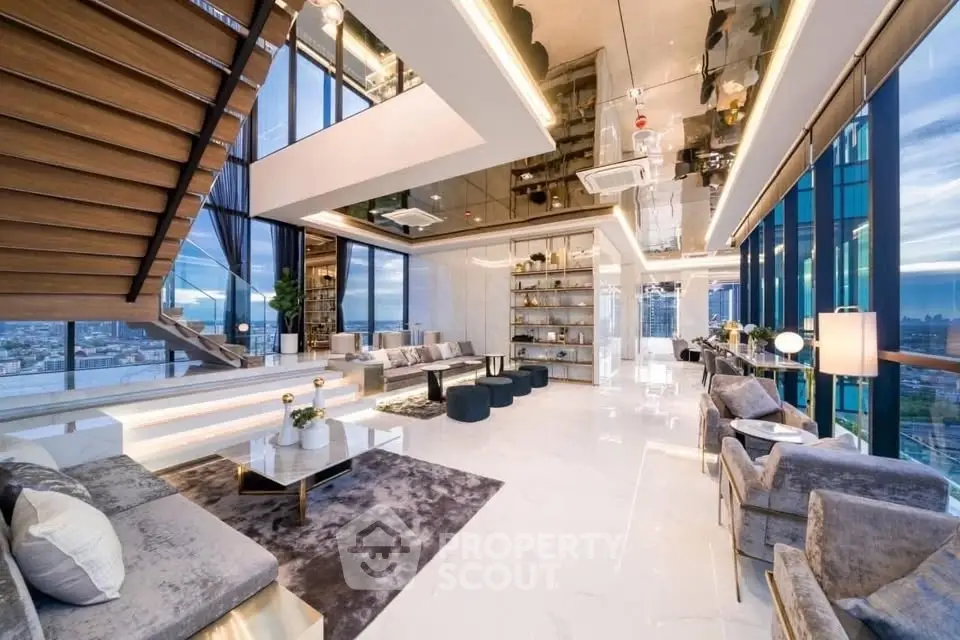Luxurious modern living room with panoramic city views and elegant decor