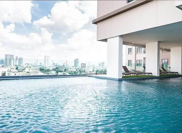 Luxurious rooftop pool with stunning city skyline view