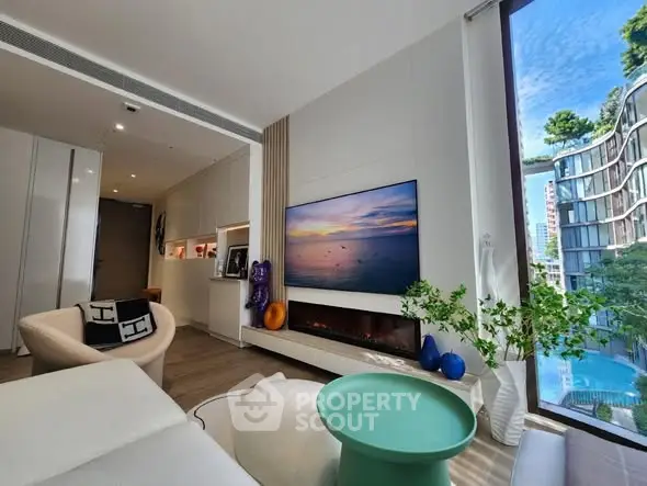 Luxurious modern living room with stunning city view and elegant decor