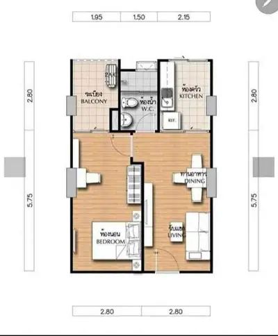 Modern apartment floor plan with balcony, kitchen, bedroom, and living area layout.