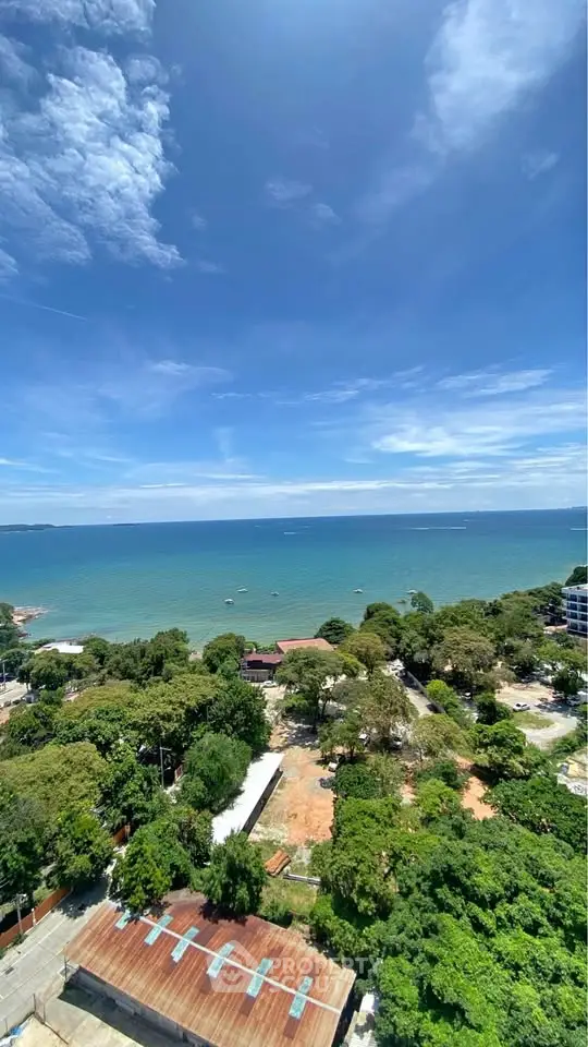 Stunning ocean view from high-rise building with lush greenery and clear blue skies.