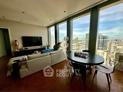 Luxurious high-rise living room with stunning cityscape views and modern furnishings.