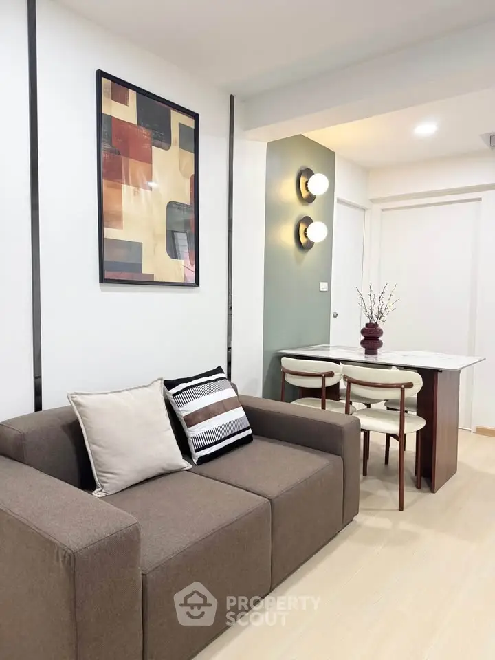 Modern living room with stylish decor and cozy seating area