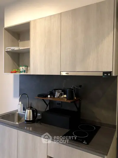 Modern kitchen with sleek cabinetry and electric stove in contemporary apartment