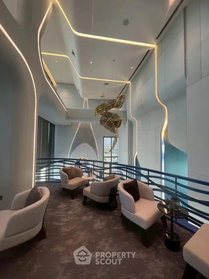 Luxurious modern living room with high ceilings and elegant lighting