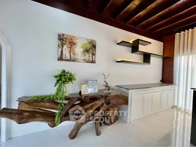 Elegant living room with unique wooden furniture and modern shelving