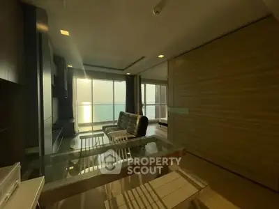 Modern living room with ocean view and stylish furniture