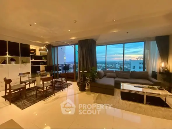 Luxurious living room with panoramic city view and elegant furnishings