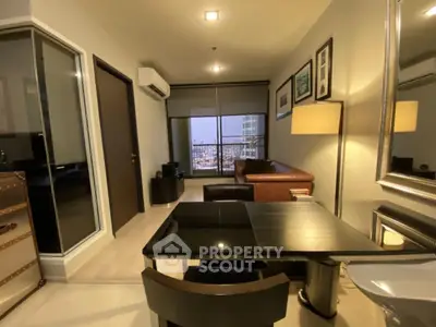 Modern living room with city view, stylish furniture, and ambient lighting.